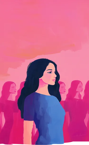 Graphic of one woman in the foreground and several women blurred in the background