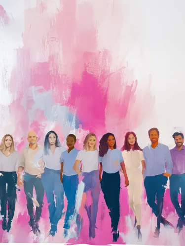 Nine diverse people standing in a row