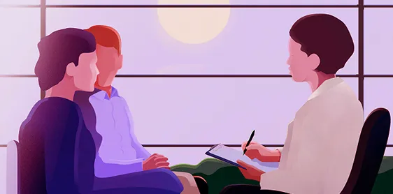 Graphic of couple sitting with a fertility specialist in a fertility clinic setting