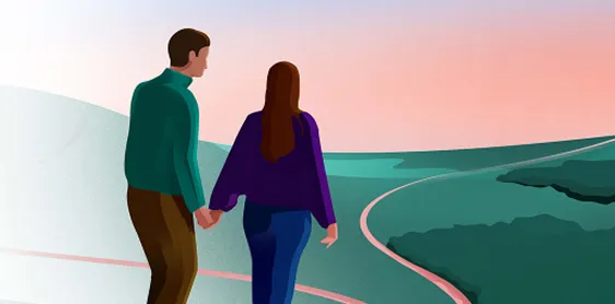 Graphic of two people holding hands looking at a sunset over a landscape