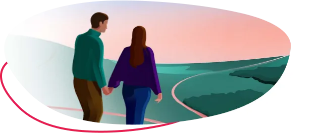Graphic of two people holding hands looking at a sunset over a landscape