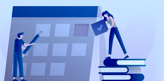 Graphic of two people working on a very large calendar