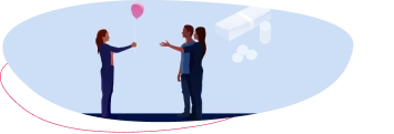 Graphic of a woman holding a heart balloon standing across from a couple