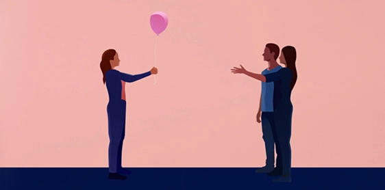Graphic of a woman holding a heart balloon standing across from a couple with one arm outstretched