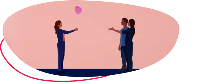 Graphic of a woman holding a heart balloon standing across from a couple with one arm outstretched