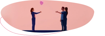 Graphic of a woman holding a heart balloon standing across from a couple with one arm outstretched
