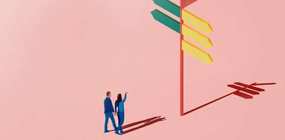 Graphic of two people looking at a sign post with arrows going in different directions