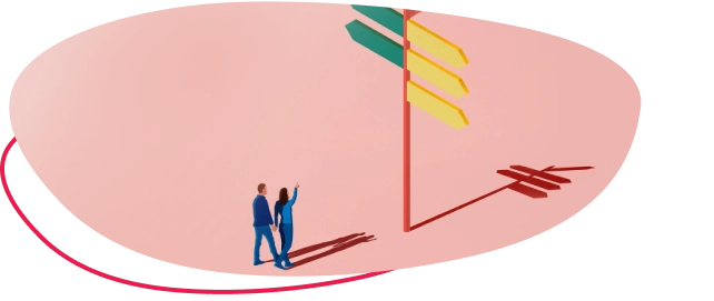 Graphic of two people looking at a sign post with arrows going in different directions